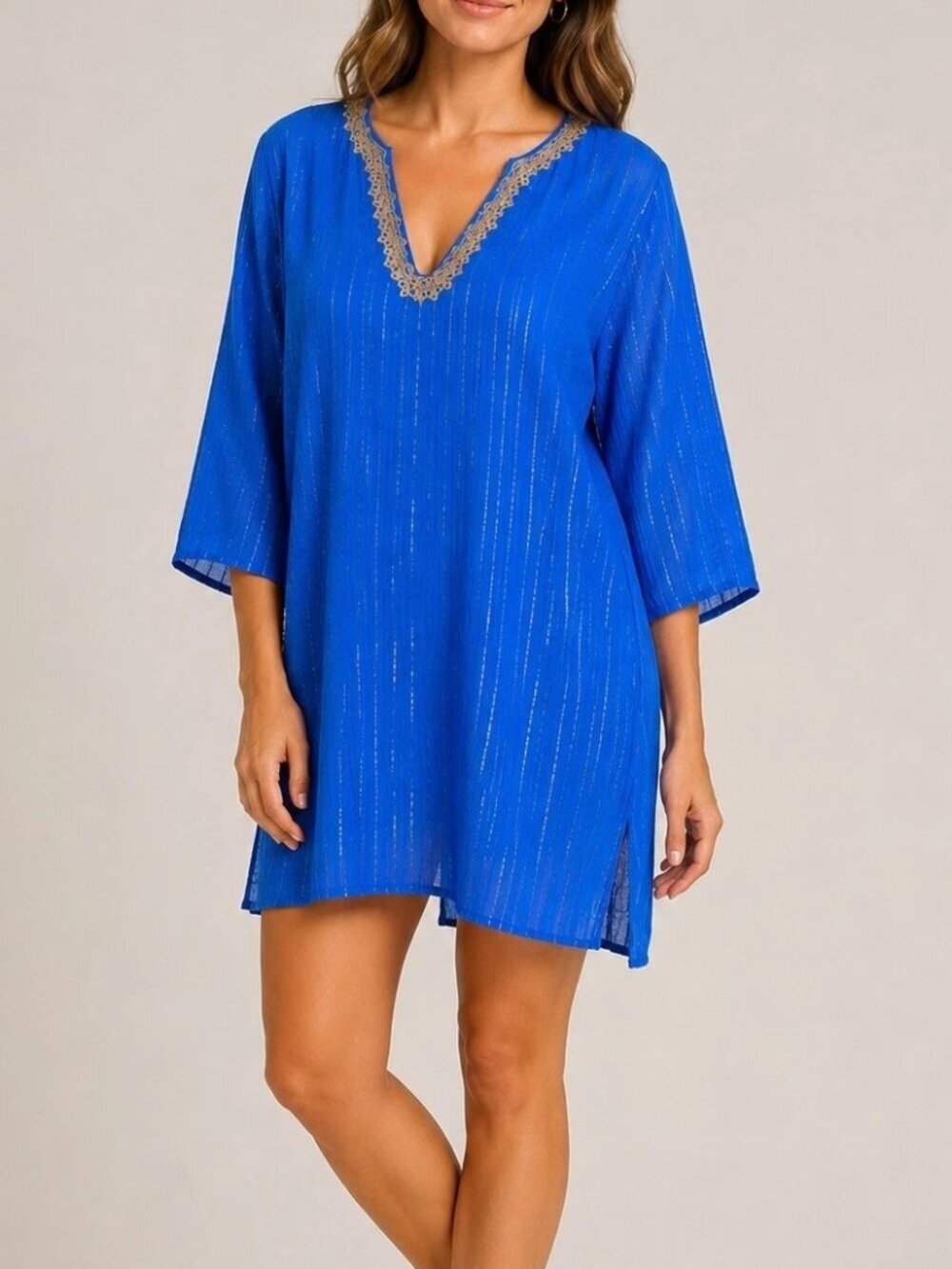 Lilly Pulitzer Esme Gauze Swim Coverup Womens S Lurex Crinkle Blue Gold Metallic